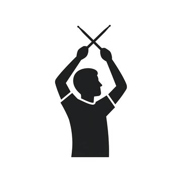 Silhouette of person holding drumsticks white background.
