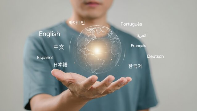 Person holding a glowing digital globe with multiple language names floating around it representing global communication and translation