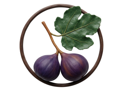 Deux figues violettes m&ucirc;res avec une feuille verte fra&icirc;che attach&eacute;e, pr&eacute;sent&eacute;es &agrave; l'int&eacute;rieur d'un cercle d&eacute;coratif en bois sur un fond blanc pur, style minimaliste et &eacute;l&eacute;gant.