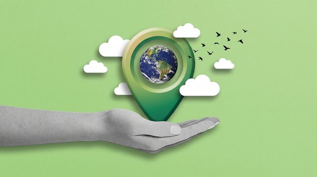 Environmental sustainability concept with hand holding green location pin and Earth globe. Paper cut clouds and birds on green background for global conservation.