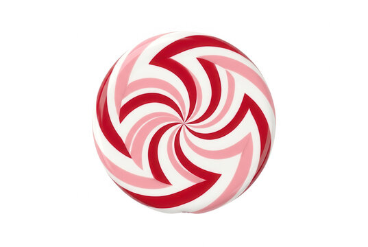 Un bonbon &agrave; la menthe poivr&eacute;e rond et sucr&eacute; avec un motif en spirale rouge, rose et blanc, isol&eacute; sur un fond blanc pur pour des projets de design festifs et culinaires.
