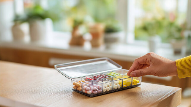 Hand picking pills from weekly organizer