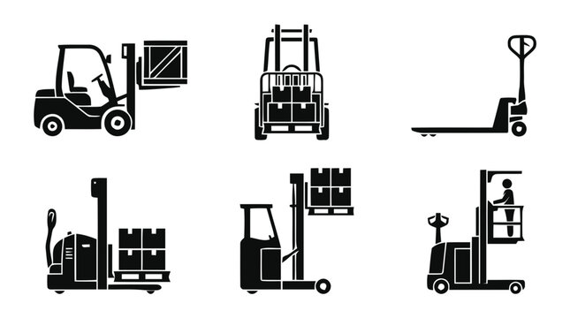 Vector illustration of forklift and pallet truck icons set on a transparent background