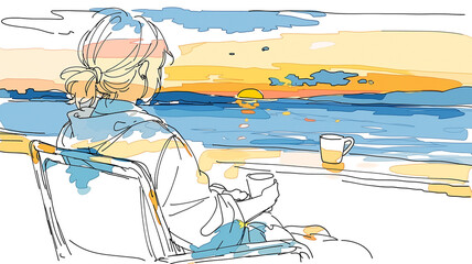Naklejka premium 海と夕日を眺めながら自分の時間を楽しむ人物のイラスト