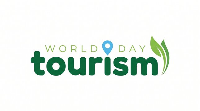 World Tourism Day logo with green text and leaves, minimalist vector graphic featuring a blue location pin icon for sustainable travel and global tourism promotion on white background.