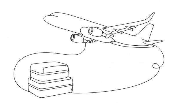Continuous line drawing of an airplane and suitcases. Minimalist one-line art of a plane taking off with luggage for travel, tourism, and vacation concepts. Simple black and white vector style.