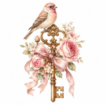 Romantic watercolor finch perched on an ornate antique key surrounded by blush roses and delicate vintage flowers.