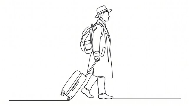 Minimalist continuous line drawing of a traveler, man walking with suitcase and backpack, simple outline of a tourist on white background
