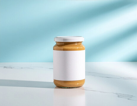 Peanut butter jar mockup template with blank label on polished marble surface
