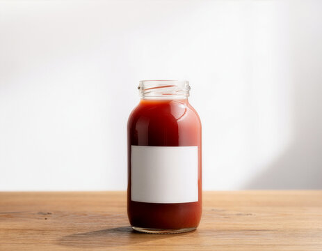Strawberry juice bottle mockup template with blank label on wood surface