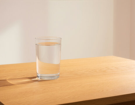 Glass of water on wooden oak table with warm light