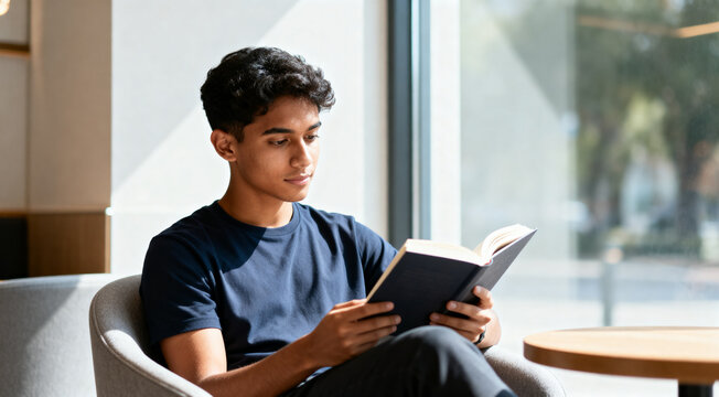 Focused Young Student Reading Book by Window Celebrating International Literacy Day Knowledge