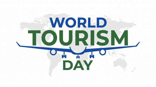 World Tourism Day typography with airplane silhouette, global travel concept on white background, international tourism event banner