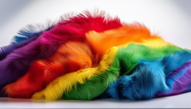 Soft Fluffy Rainbow Faux Fur Fabric Draped Elegantly Against A Pure White Background Displaying Vibrant Multicolored Stripes Of Red Yellow Green Blue And Purple Textures Captured In High Resolution Fo