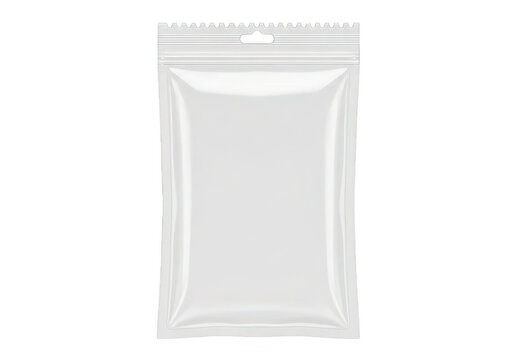 Blank plastic pouch with zipper and hanging hole rests on transparent background