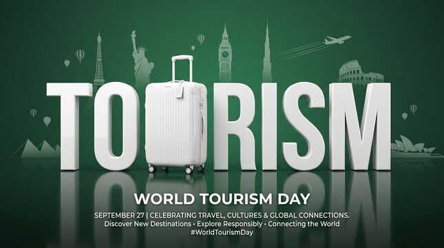 World Tourism Day banner with white 3D text and suitcase, global landmarks on green background, international travel concept