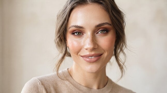 Radiant woman with elegant hair and professional makeup smiling in neutral studio portrait
