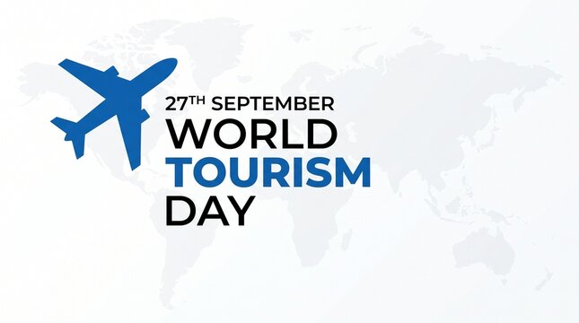 World Tourism Day banner for 27th September, blue airplane icon on world map background, global travel and vacation concept