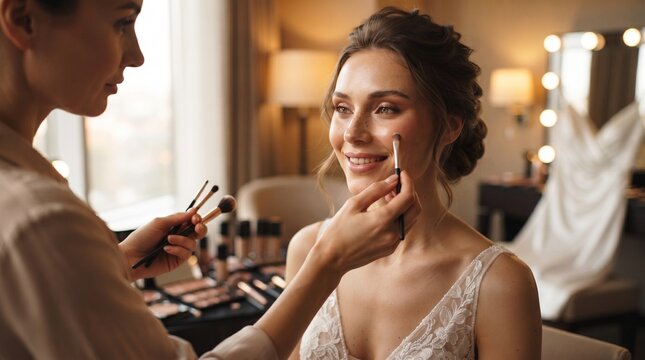Professional makeup artist meticulously beautifying a radiant bride, applying exquisite cosmetics for her wedding at an elegant vanity setup