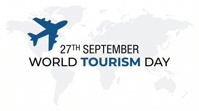 World Tourism Day banner for 27th September, global travel concept with airplane silhouette and world map, international holiday graphic