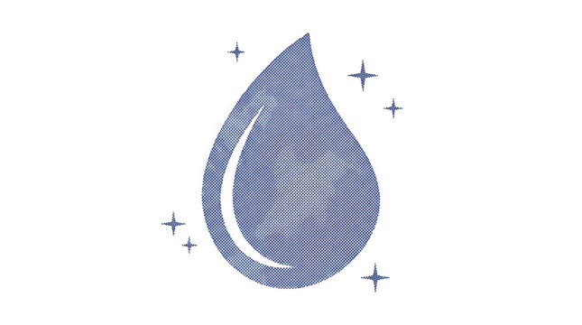 Illustration minimaliste d'une goutte d'eau bleue textur&eacute;e avec des &eacute;tincelles sur fond blanc, id&eacute;ale pour des concepts de puret&eacute;, d'&eacute;cologie et d'hydratation.