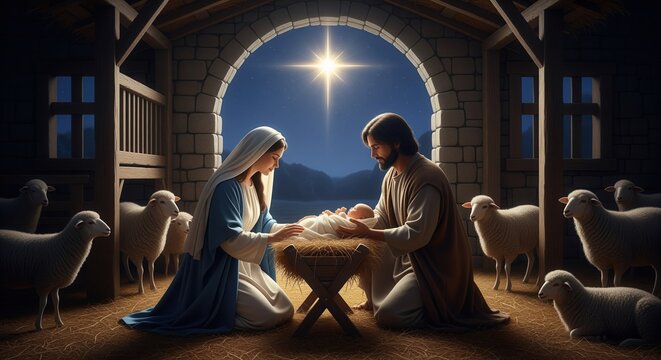 A serene nativity scene shows a man and woman kneeling beside a newborn baby in a stable with sheep. A glowing star shines through the arched doorway, creating a peaceful moment.