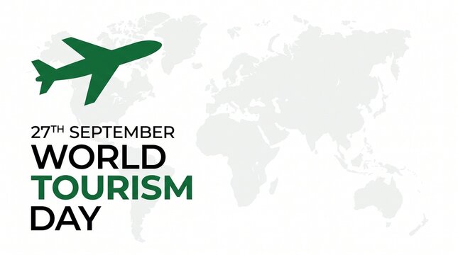 World Tourism Day banner with green airplane silhouette, 27th September global travel celebration, world map background for international tourism