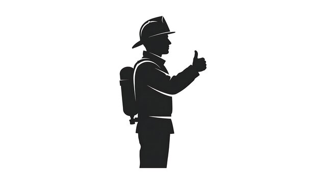 Silhouette of firefighter giving thumbs up white background.