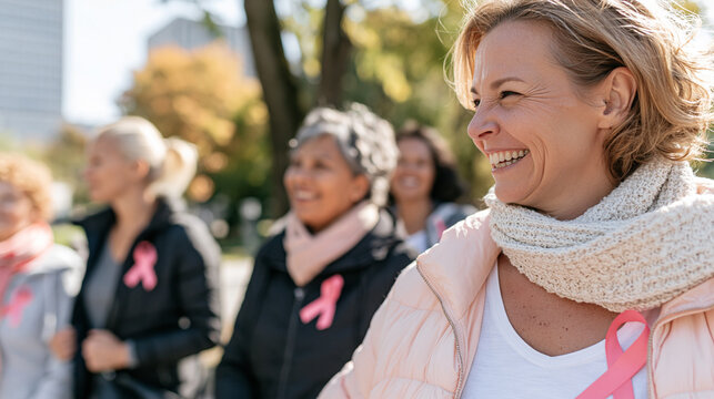 Diverse group of women walking together, supporting breast cancer awareness with pink ribbons, smiling outdoors