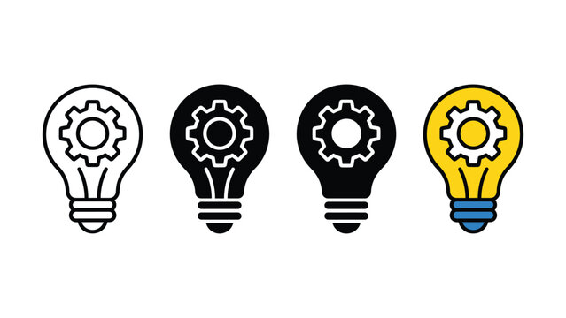 Set of four different light bulb icons with gear cog symbol for creative business idea and innovation concept