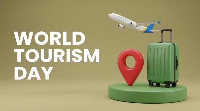 World Tourism Day banner with 3D airplane and suitcase. Global travel concept with luggage and map pin icon. International holiday poster.
