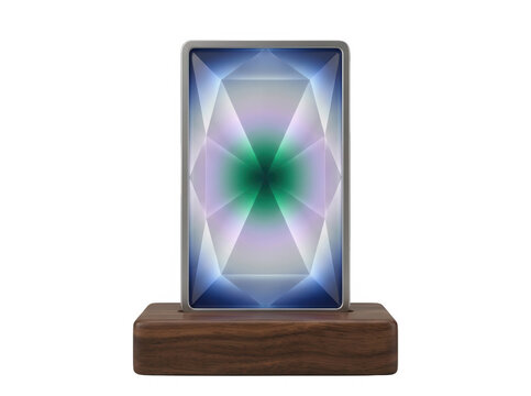 Objet de d&eacute;coration moderne avec un panneau en verre affichant un motif g&eacute;om&eacute;trique lumineux et color&eacute; sur un socle en bois &eacute;l&eacute;gant, isol&eacute; sur fond blanc.