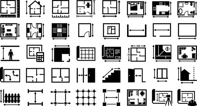 Architectural Dimension and Floor Plan Vector Silhouette Icon Set for House Blueprints, Room Sizing, Interior Layout Measurements, and Construction Surveying