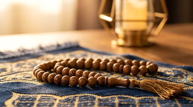 Islamic Prayer Beads (Tasbih) on Prayer Mat with Candle Lantern - Spiritual and Religious Concept
