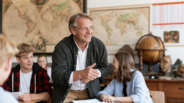 Mature male teacher actively engaging with high school students in a history or geography classroom