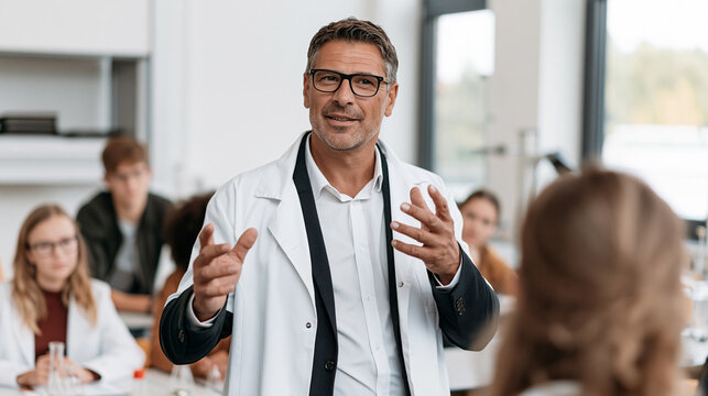 Professor in lab coat teaching science students during university lecture, explaining concept in classroom
