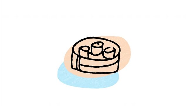 An animated hand-drawn round bamboo steamer basket filled with Chinese dim sum. Ideal for Asian restaurant menus, steamed dumplings, and Chinese brunch.