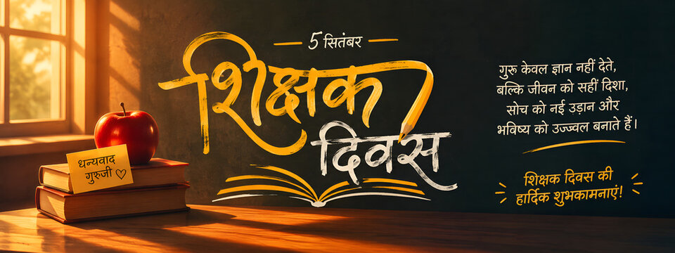Teachers day celebratory greeting card featuring a shiny red apple placed on stack of books with beautiful golden hindi calligraphy