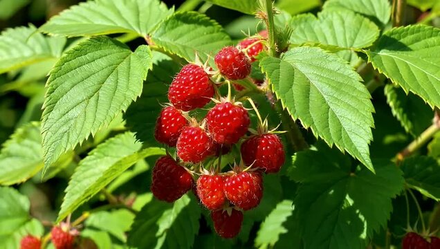 t44310 mp4 Bright 4K macro shot of translucent red currant clusters hanging from green garden vines under radiant sunlight highlighting fresh summer fruit harvests and natural organic gardening