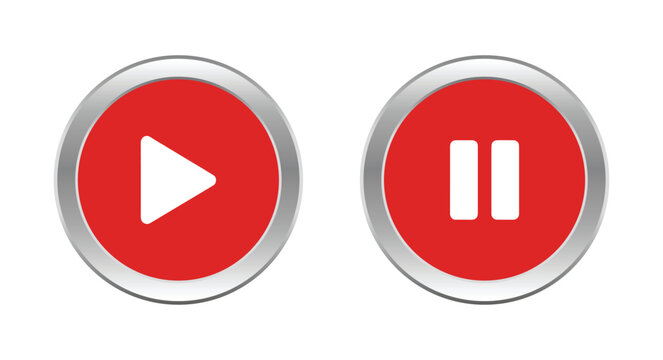 Play and Pause Button Icons. A pair of red circular buttons, one with a white play icon and the other with a white pause icon, presented clearly on a plain background.