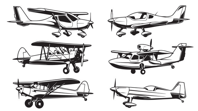 Vintage airplane vector set, 6 light aircraft illustrations, retro propeller plane sketches, black and white aviation icons
