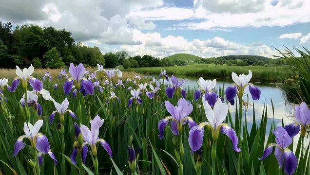 t44421 mp4 Vibrant 4K botanical footage showing blooming wild iris flowers in the Dniester Delta highlighting delicate purple petals swaying in the breeze while honoring the historic floral symbols