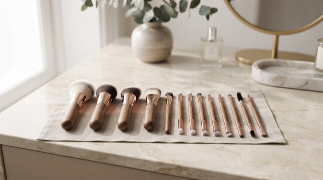 Elegant makeup brushes neatly arranged on a modern marble vanity table