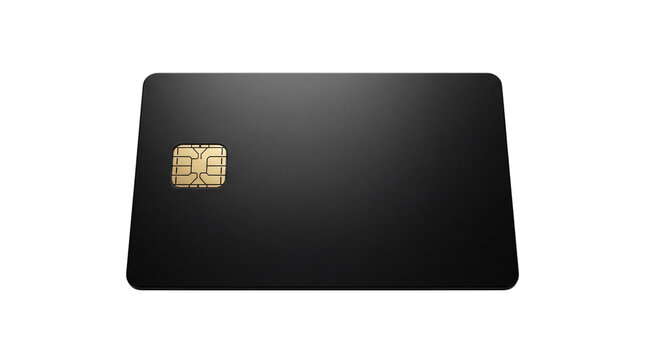 Premium black credit card with gold chip, minimalist matte debit card mockup, luxury plastic bank card for financial branding