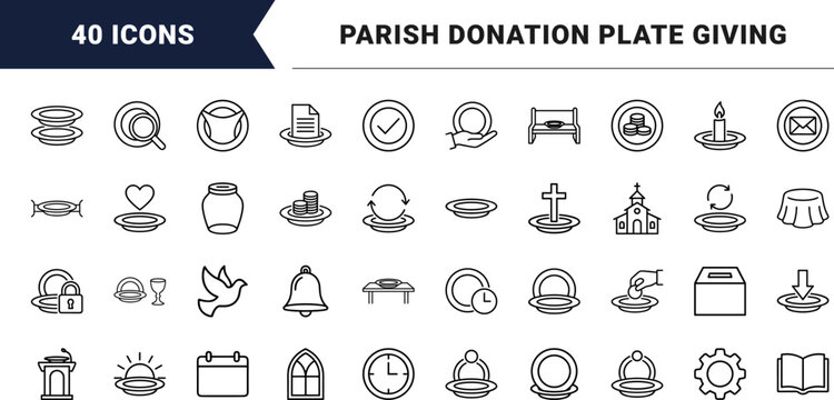 Collection Plate Church Offering Web Icon Set in Linear Style. Collection of Parish Tithe line icons, including worship, charity, parish giving, donations, fellowship, stewardship.