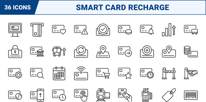 Smart Card Top Up Web Icon Set in Linear Style. Collection of Transit Payment line icons, including balance, contactless, terminal, recharging, transit, payment.