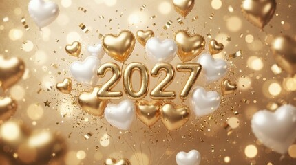 Fototapeta premium Happy new year 2027 celebration with golden and white heartshaped balloons, sparkling confetti, and bokeh lights, festive greeting card 2027