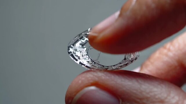 Close up view of a person holding a flexible, transparent smart contact lens with an integrated microcircuit, demonstrating futuristic wearable technology for augmented reality