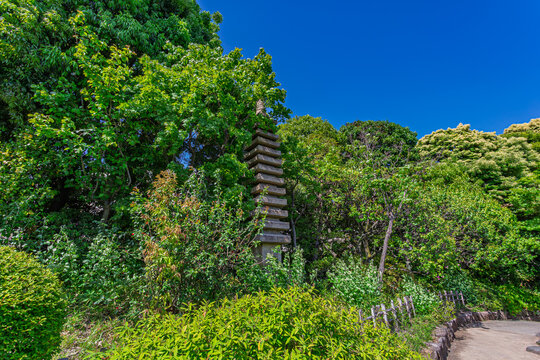 Traditional thirteen-story stone pagoda rising into a deep blue sky surrounded by greenery at Mejiro Garden May 2024