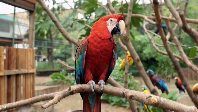 t44338 mp4 Vivid 4K wildlife close-up of a brightly colored red lorikeet parrot sitting on a wooden branch inside a zoo enclosure displaying its vibrant feather plumage and playful head movements